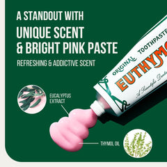 Euthymol original toothpaste triple pack tube with bright pink paste and eucalyptus extract and thymol oil