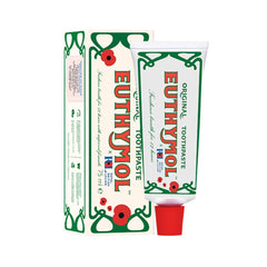 Euthymol original toothpaste triple pack showing classic white tube and matching box with red cap and vintage branding