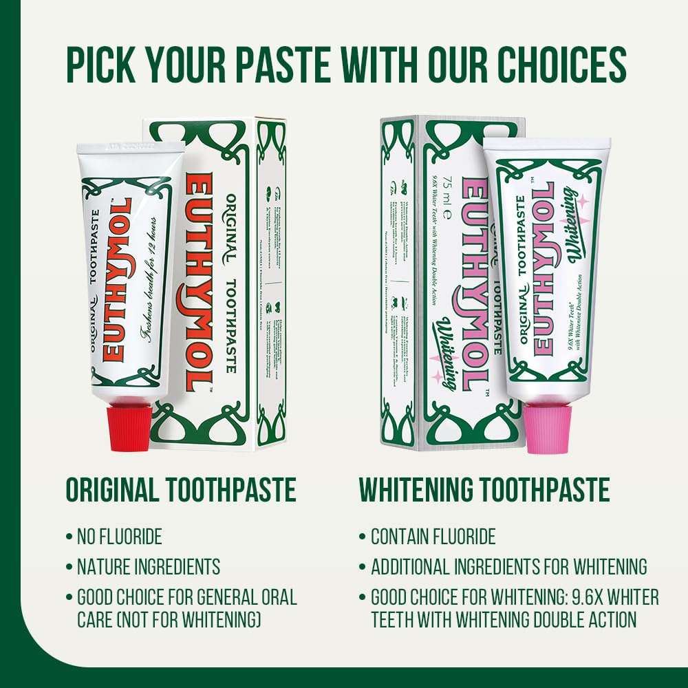 Promotional image of Euthymol original toothpaste triple pack showing original and whitening tubes and boxes