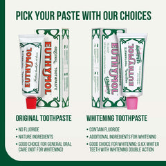 Promotional image of Euthymol original toothpaste triple pack showing original and whitening tubes and boxes