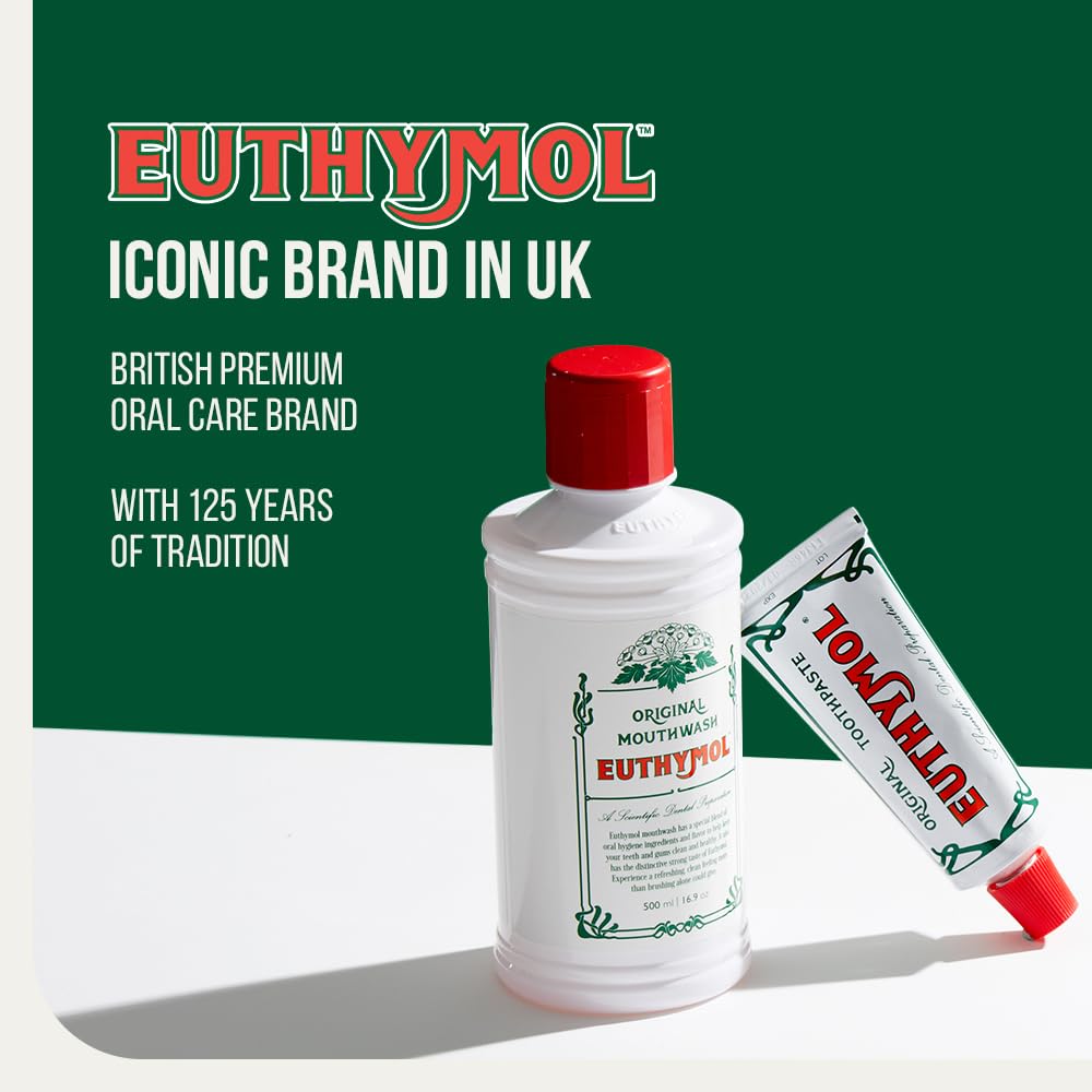Product image for Euthymol original toothpaste triple pack showing one toothpaste tube and mouthwash bottle