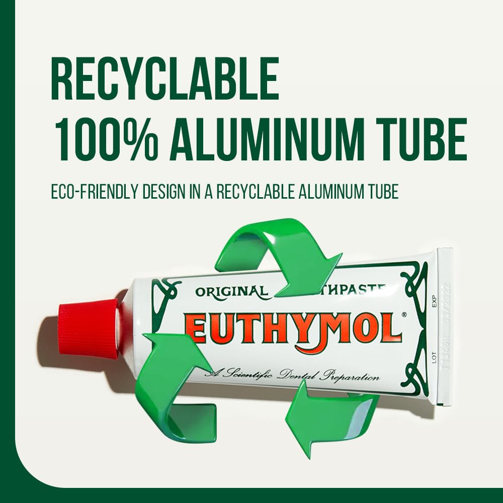 Euthymol original toothpaste triple pack product image showing one tube with red cap and 100 percent aluminum recyclable graphics