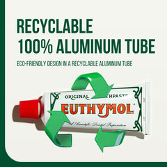 Euthymol original toothpaste triple pack product image showing one tube with red cap and 100 percent aluminum recyclable graphics