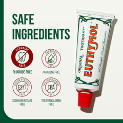 Euthymol original toothpaste triple pack showing tube on white background with safe ingredients icons and labels