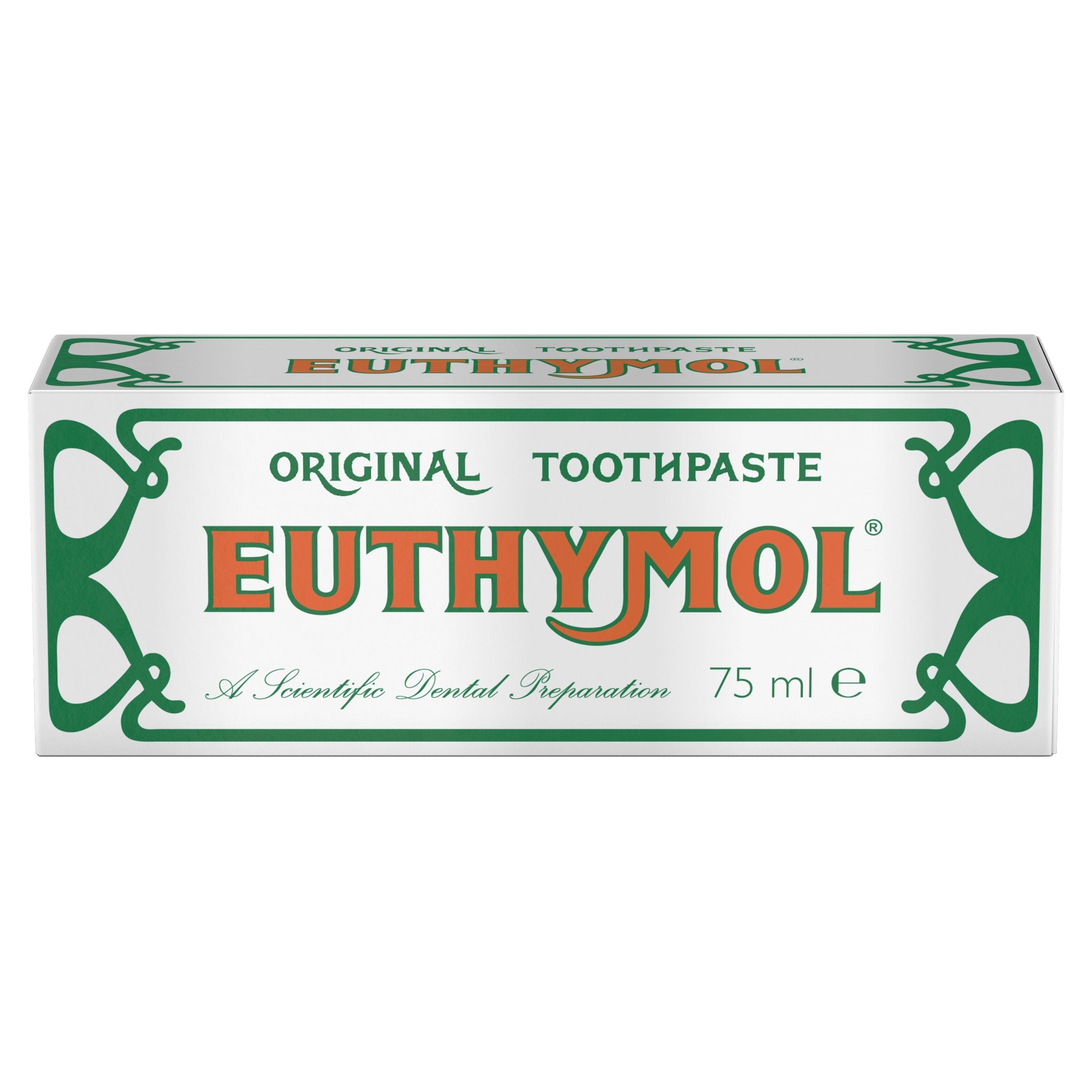 Euthymol original toothpaste. 75 ml rectangular white and green box with bold orange EUTHYMOL logo