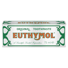 Euthymol Original toothpaste box, green and red label, 75 ml