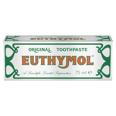 Euthymol original toothpaste. 75 ml rectangular white and green box with bold orange EUTHYMOL logo