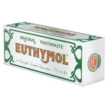 Euthymol Original toothpaste box, 75 ml, side view with decorative green pattern