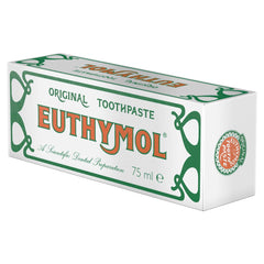 Box of Euthymol original toothpaste 75 ml in classic white green and red vintage packaging