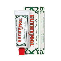 Euthymol original toothpaste white tube with red cap and vintage green decorative box packaging
