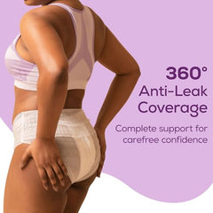 Evereve model wearing beige ultra absorbent period panties showing 360 anti leak coverage and comfort