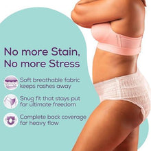 Disposable period panties on model with back coverage and snug fit briefs