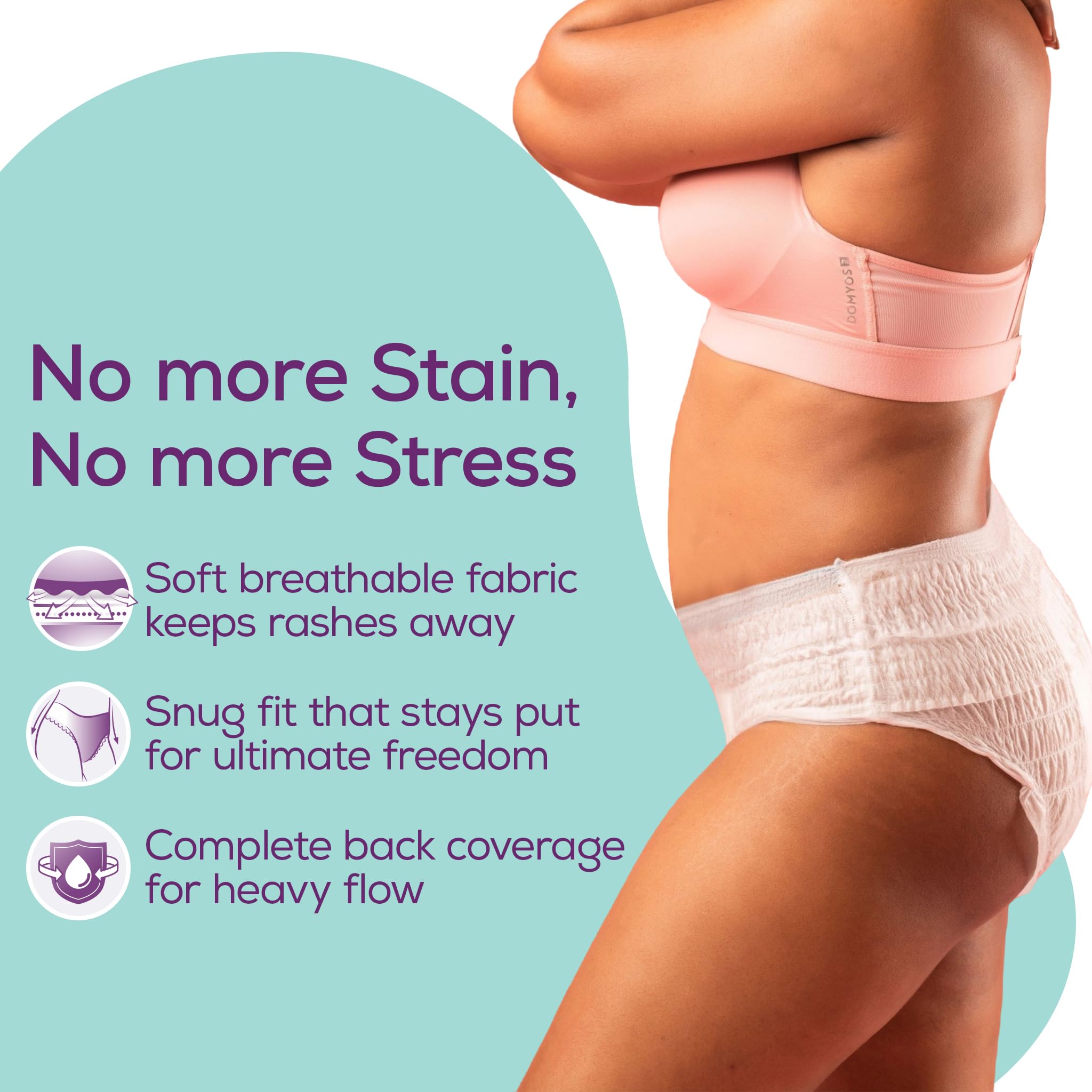 Evereve model wearing ultra absorbent period panties showing full back coverage snug breathable fabric features