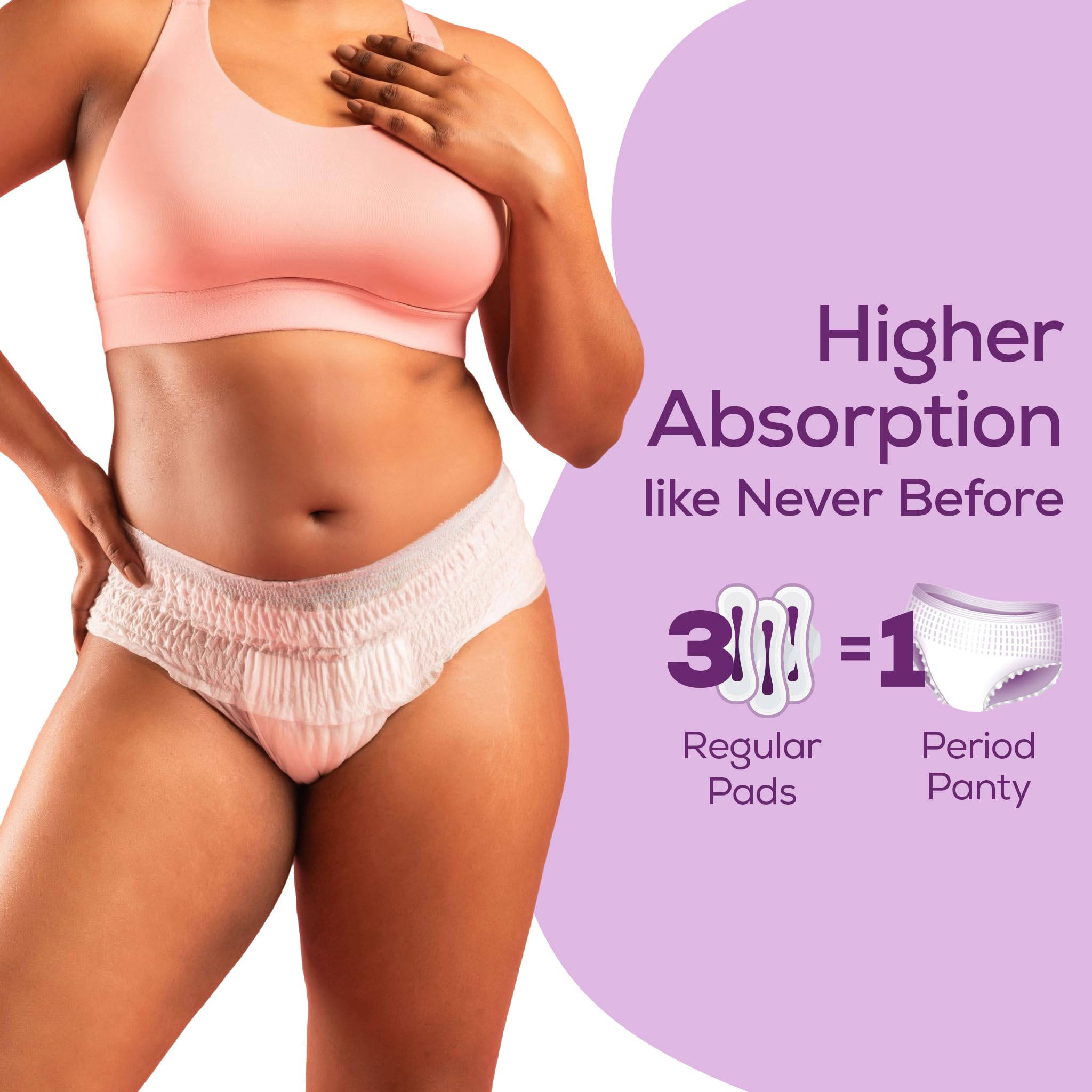 Model wearing pink bra and period panty on purple background highlighting ultra absorbent period panties and higher absorption