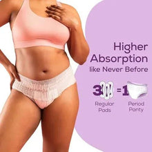Disposable period panties on model, white outer with absorbent core, curved fit