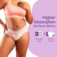 Woman modeling blush period underwear and bra advertising Evereve ultra absorbent period panties with higher absorption