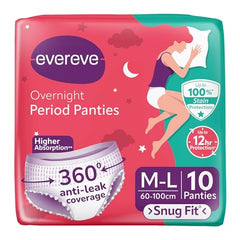 Evereve overnight ML pack of 10 snug fit ultra absorbent period panties with 360 degree anti leak coverage