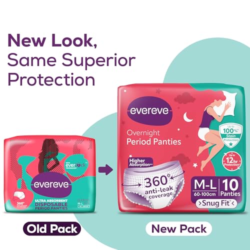 Evereve overnight period panties new and old pack showing sleeping woman and 360 anti leak coverage ultra absorbent period panties