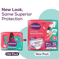 Evereve overnight period panties new and old pack showing sleeping woman and 360 anti leak coverage ultra absorbent period panties