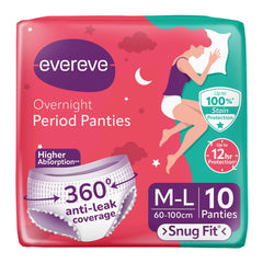 Evereve overnight snug fit M L pack of 10 ultra absorbent period panties with 360 anti leak coverage and 12 hour protection
