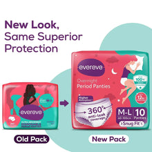 Evereve overnight period panties new and old pack front, M-L 10 count