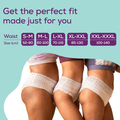 Three women wearing white ultra absorbent period panties showing fit and waist size chart S M to XXL XXXL