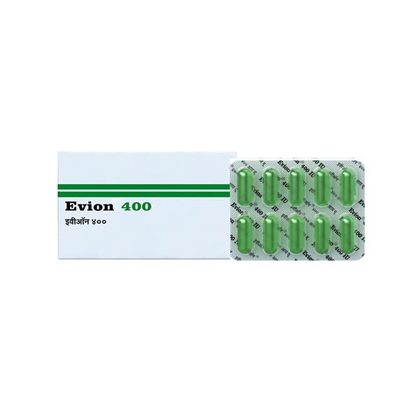 Box and blister pack of green Evion 400mg softgels for skin vitamin E capsules for skin health
