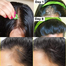 Hand applying green capsule to scalp; hair shown for Day 1 and Day 8