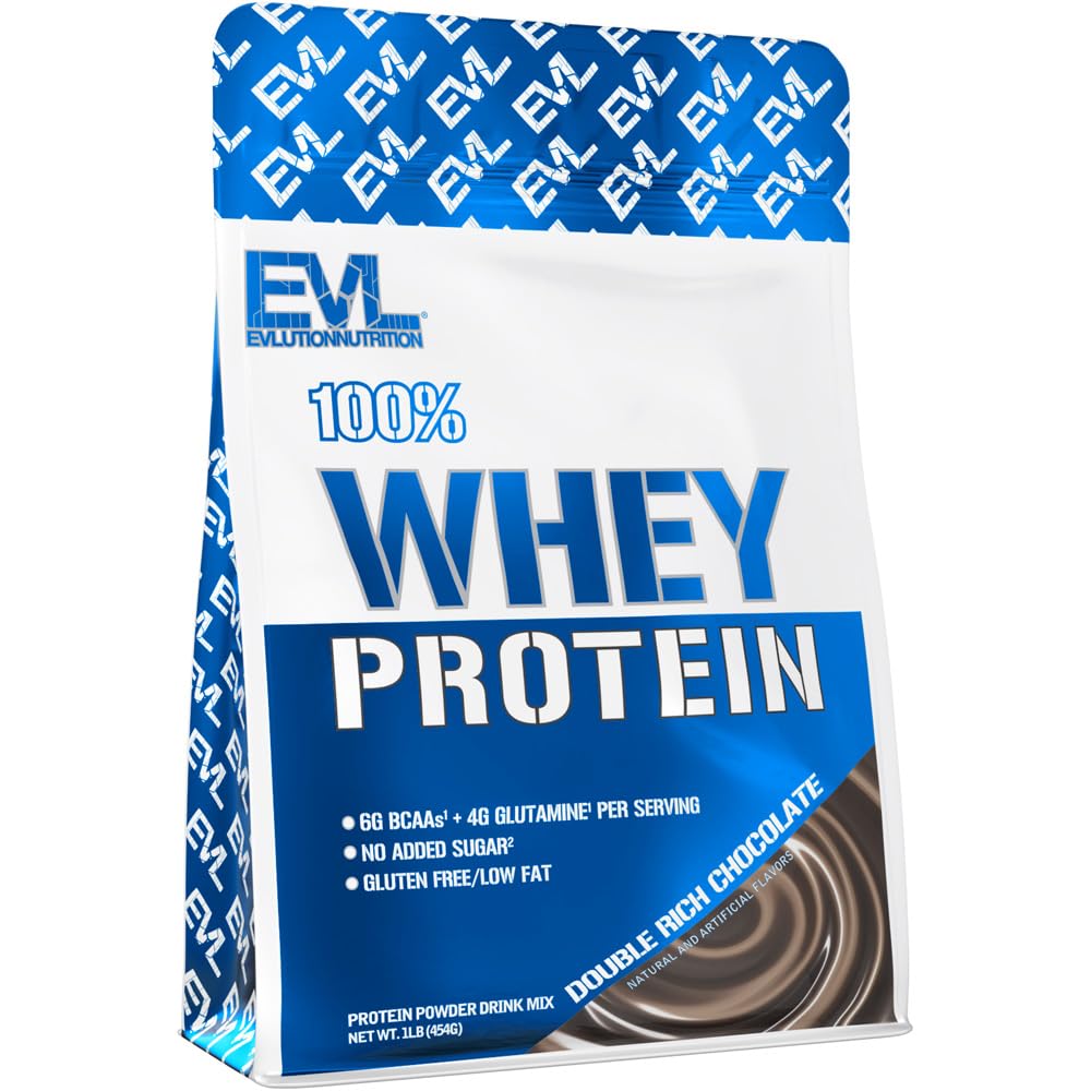 Evlution Nutrition 100% whey protein powder in Double Rich Chocolate flavor with 6g BCAAs per serving