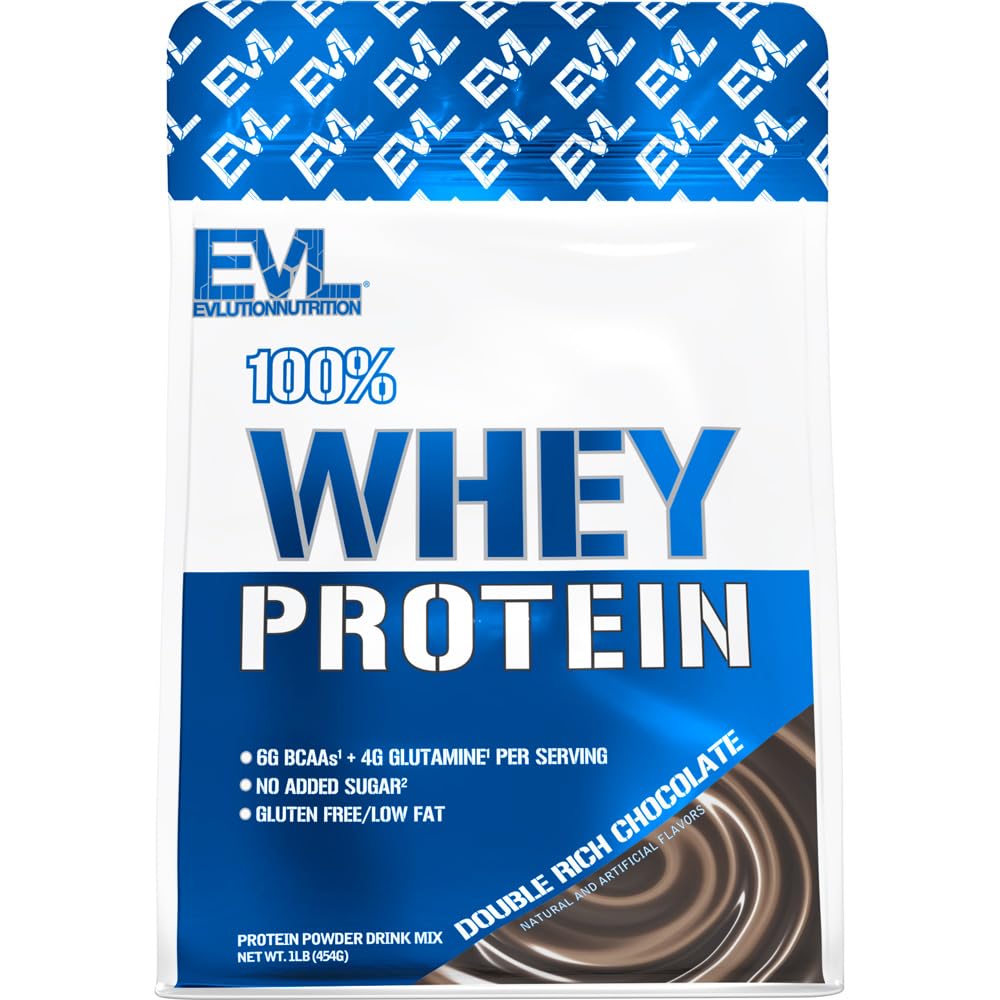 Evlution Nutrition 100% whey protein powder in Double Rich Chocolate flavor, gluten-free and low fat