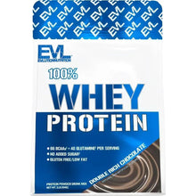 EVLution Nutrition whey protein powder pouch, double rich chocolate flavor