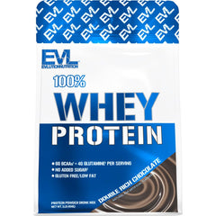 Evlution Nutrition 100% whey protein powder in Double Rich Chocolate flavor, gluten-free and low fat