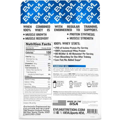 Evlution Nutrition 100% whey protein powder bag featuring nutrition facts for muscle growth and recovery