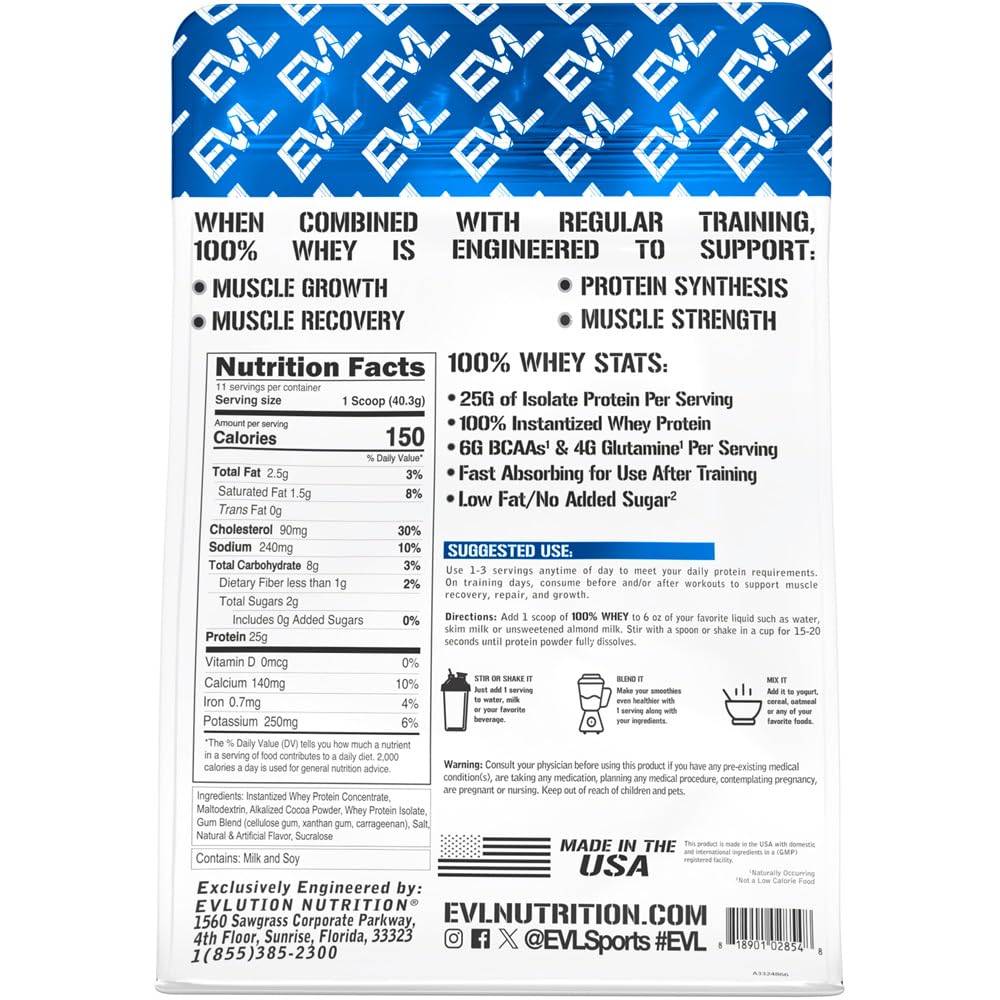 Evlution Nutrition 100% whey protein powder bag featuring nutrition facts for muscle growth and recovery