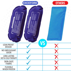 Excefore purple reusable ice pack for injuries and pain relief shown vs generic blue pack with comparison chart