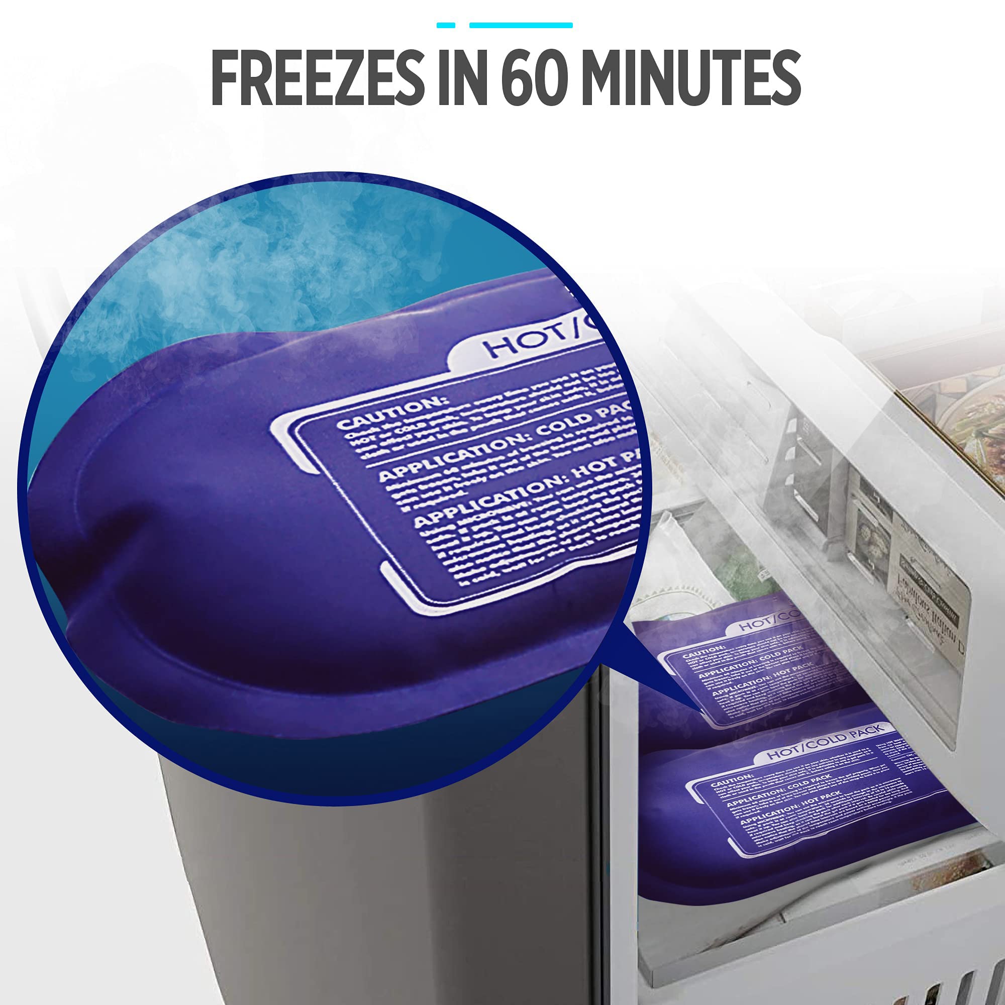 Excefore purple reusable gel freezer packs shown cooling in a freezer ice pack for injuries and pain relief