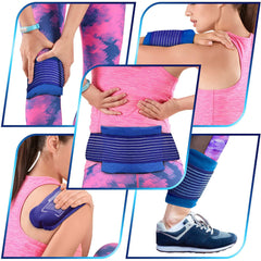 Excefore reusable blue gel ice pack for injuries and pain relief with adjustable wrap strap on knee shoulder back and ankle