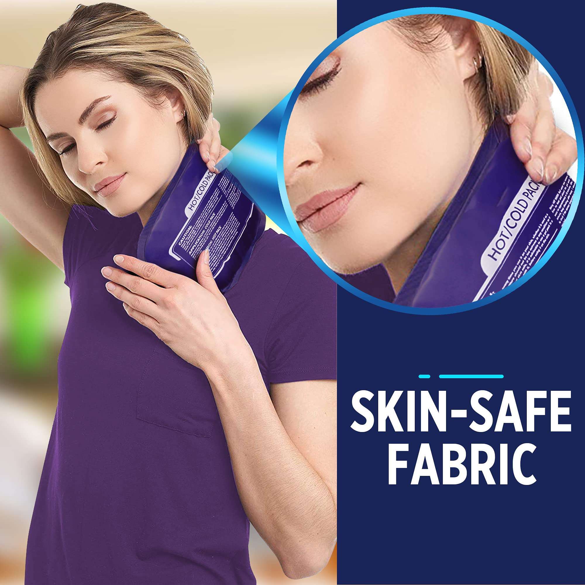 Excefore purple hot cold gel pack applied to neck and shoulder showing skin safe fabric ice pack for injuries and pain relief