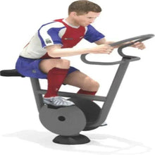Stationary exercise bike with pedals, grey flywheel housing, and handlebar console