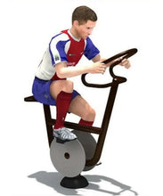 Stationary exercise bike with upright seat, handlebar grips, and resistance dial
