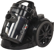 Black bagless vacuum cleaner canister with wheels and top handle