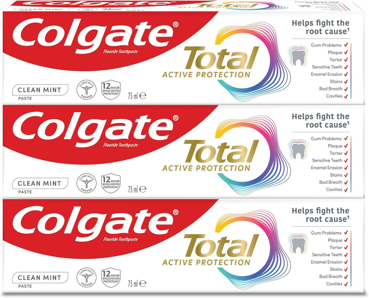Colgate Total Active protection, toothpaste, Clean Mint, Helps stop problems before they start, 3x75ml