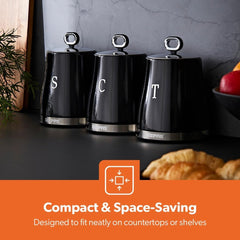 Three black canisters with round lift handles and stainless lids, GEEPAS