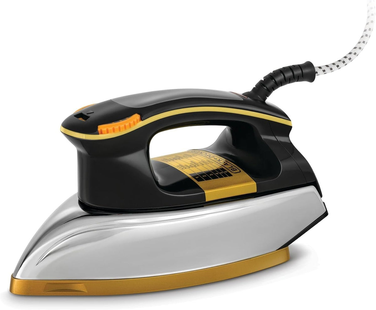 Black and gold heavy-duty dry iron with orange detail and attached power cord