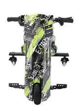 Electric drifter scooter front view, neon green and black graphics, wide deck
