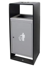 Outdoor dustbin with black frame and gray front door, top opening, person icon