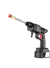 Black cordless car washing water gun with red nozzle tip and battery base