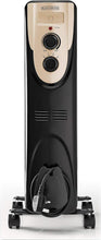 Oil radiator heater with black fins, beige control panel, and two round knobs on wheels