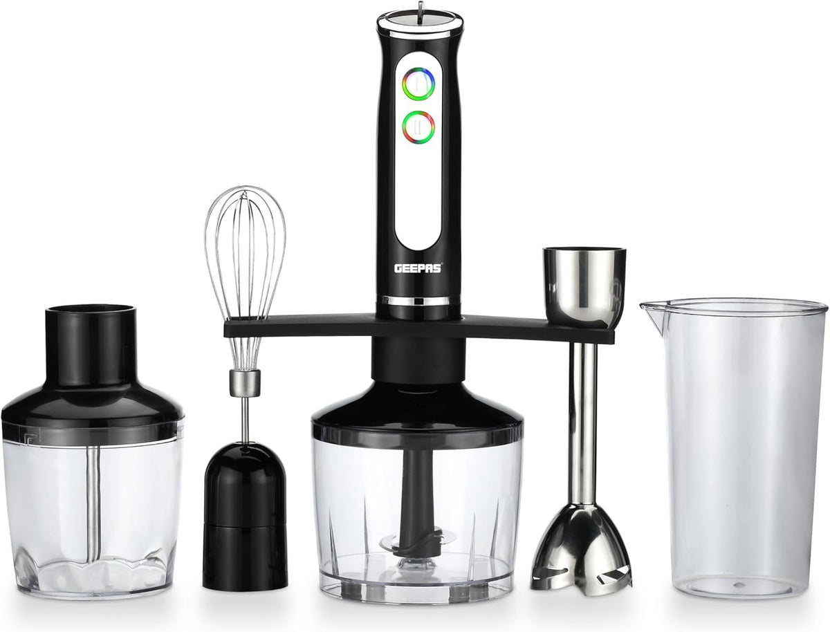 Geepas 5-In-1 Hand Blender | Chopper / Food Processor | Electric Whisk | 8 Variable Speeds, Stainless Steel Blade For Blending The Perfect Smoothies And Grinding Coffee | 600W | 2 Year Warranty