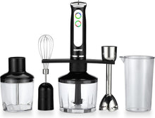 Black hand blender with stainless steel shaft and chopper whisk attachments